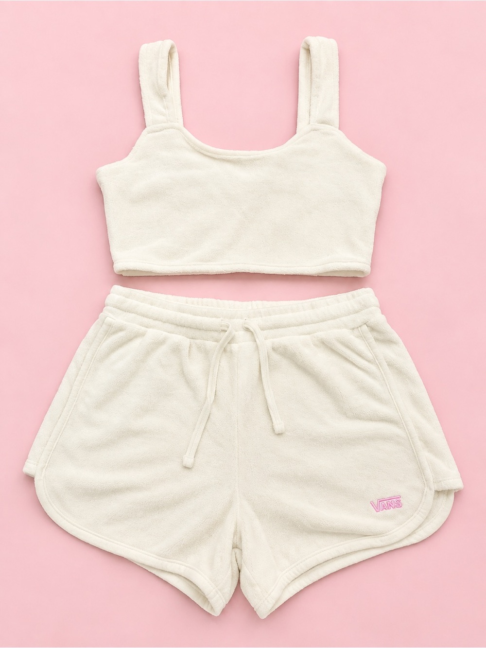 Vans Cream Terry Cloth 2 Piece Crop Top Shorts Set Pink Logo